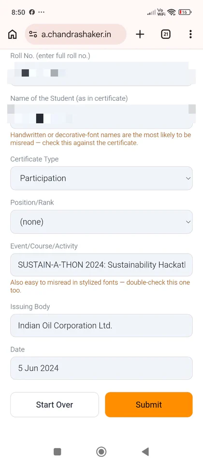 Editable confirmation screen showing extracted certificate fields, student name and roll number redacted for privacy