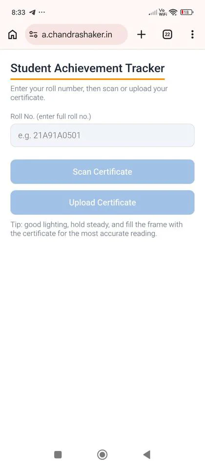 Student Achievement Tracker home screen showing the roll number field and Scan Certificate / Upload Certificate buttons